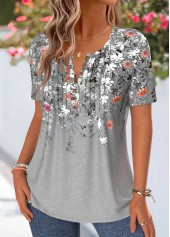 Floral Print Tuck Stitch Grey Short Sleeve T Shirt