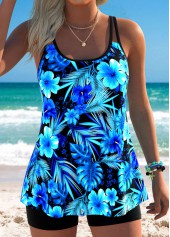 Tropical Plants Print Tummy Coverage Cyan Tankini Top-No Bottom