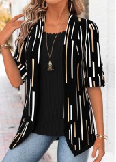 Geometric Print Black 3/4 Sleeve Fake Two Piece Twinset