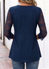 Curved Hem Navy Long Sleeve V Neck Blouse