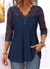 Curved Hem Navy Long Sleeve V Neck Blouse