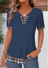 Plaid Fake 2in1 Navy Short Sleeve T Shirt
