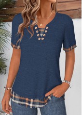 Plaid Fake 2in1 Navy Short Sleeve T Shirt