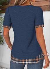 Plaid Fake 2in1 Navy Short Sleeve T Shirt