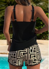 Mid Waisted Geometric Print Tummy Coverage Black Tankini Set