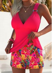 Mid Waisted Floral Print Tummy Coverage Coral Tankini Set