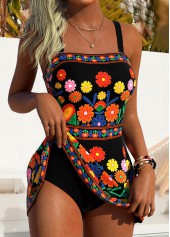 Floral Print Tummy Coverage Black One Piece Swimdress