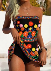 Floral Print Tummy Coverage Black One Piece Swimdress