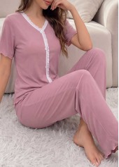Pink V Neck Short Sleeve Lounge Top and Pants