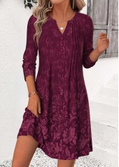 Random Floral Print Tuck Stitch Wine Red Short Dress
