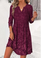 Random Floral Print Tuck Stitch Wine Red Short Dress
