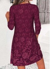 Random Floral Print Tuck Stitch Wine Red Short Dress