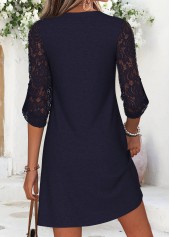 Patchwork Navy Short Long Sleeve Split Neck Dress