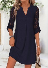 Patchwork Navy Short Long Sleeve Split Neck Dress