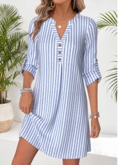 Striped Tummy Coverage Blue Short Long Sleeve Dress