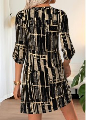 Geometric Print Black Short Half Sleeve Split Neck Dress