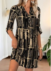 Geometric Print Black Short Half Sleeve Split Neck Dress