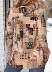 Tribal Print Tuck Stitch Light Coffee T Shirt