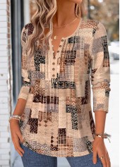 Tribal Print Tuck Stitch Light Coffee T Shirt