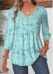 Paisley Print Curved Hem Cyan 3/4 Sleeve Blouse