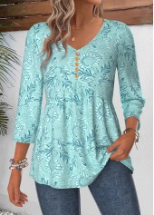 Paisley Print Curved Hem Cyan 3/4 Sleeve Blouse