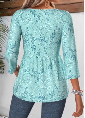 Paisley Print Curved Hem Cyan 3/4 Sleeve Blouse