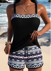 Mid Waisted Tribal Print Black Tankini Set