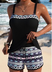 Mid Waisted Tribal Print Black Tankini Set
