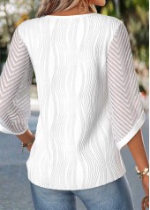 Curved Hem Raw White 3/4 Sleeve Split Neck Blouse