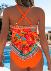 Mid Waisted Floral Print Ruched/shirred Orange Tankini Set