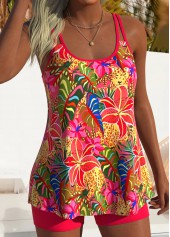 Mid Waisted Tropical Plants Print Black Tankini Set