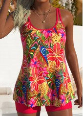 Mid Waisted Tropical Plants Print Black Tankini Set