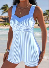 Mid Waisted Striped Surplice Light Blue Tankini Set