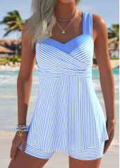 Mid Waisted Striped Surplice Light Blue Tankini Set