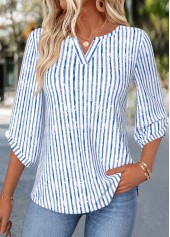 Striped Curved Hem Blue 3/4 Sleeve Split Neck Blouse