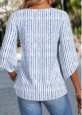 Striped Curved Hem Blue 3/4 Sleeve Split Neck Blouse
