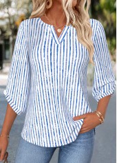 Striped Curved Hem Blue 3/4 Sleeve Split Neck Blouse