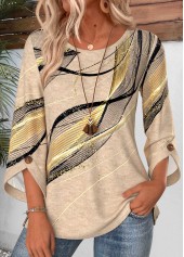 Geometric Print Button Light Camel 3/4 Sleeve Blouse