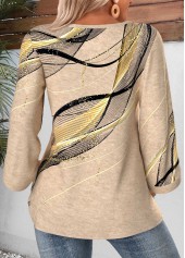 Geometric Print Button Light Camel 3/4 Sleeve Blouse