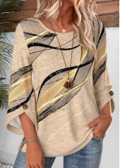 Geometric Print Button Light Camel 3/4 Sleeve Blouse