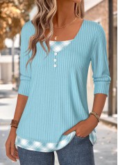 Plaid Fake 2in1 Blue Long Sleeve T Shirt