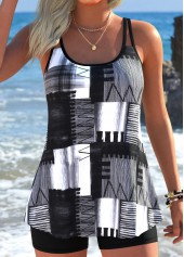 Geometric Print Tummy Coverage Black Tankini Top-No Bottom