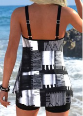 Geometric Print Tummy Coverage Black Tankini Top-No Bottom