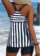 Mid Waisted Striped Lace Up Navy Tankini Set