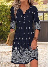 Tribal Print Patchwork Navy Short Long Sleeve Dress