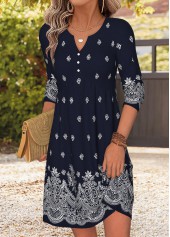 Tribal Print Patchwork Navy Short Long Sleeve Dress