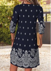 Tribal Print Patchwork Navy Short Long Sleeve Dress