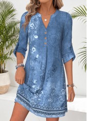 Tribal Print Tummy Coverage Blue Short Long Sleeve Dress