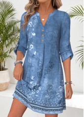 Tribal Print Tummy Coverage Blue Short Long Sleeve Dress