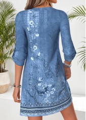 Tribal Print Tummy Coverage Blue Short Long Sleeve Dress